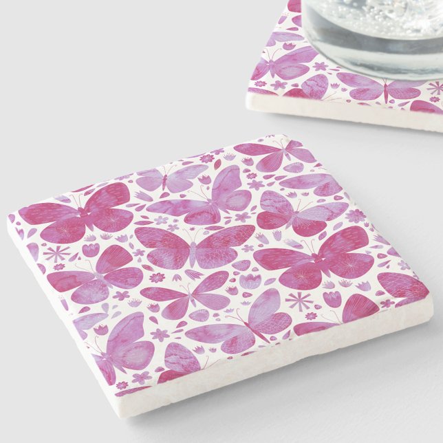 Butterfly Watercolor Magenta Pink Stone Coaster (Magenta hot pink watercolor butterfly pattern stone coasters)