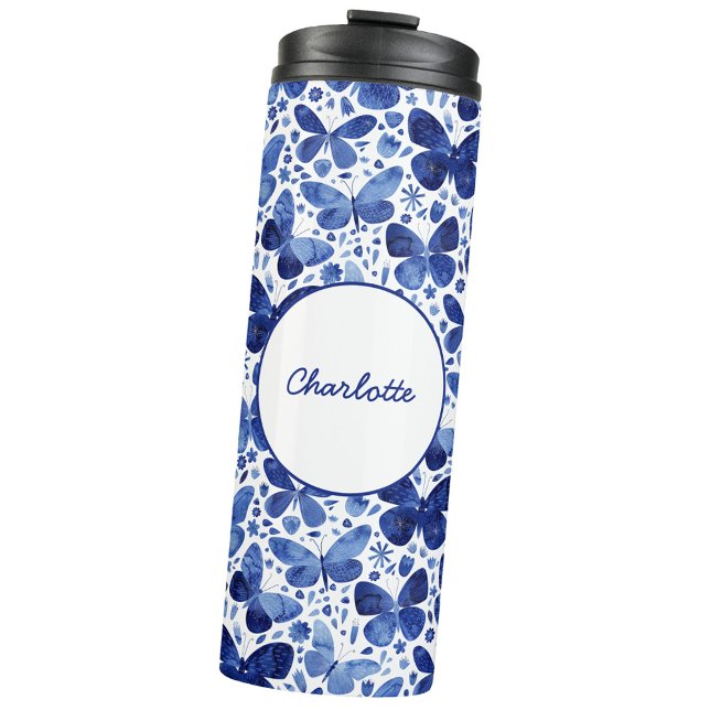 Butterfly Watercolor Navy Indigo Blue Personalised Thermal Tumbler (Navy indigo blue and white watercolor butterfly pattern personalized name thermal tumbler)
