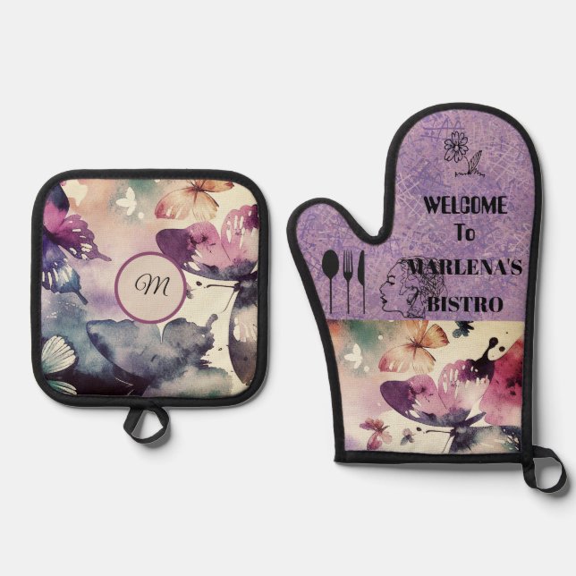 Butterfly Watercolor Oven Mitt & Pot Holder Set (Front)