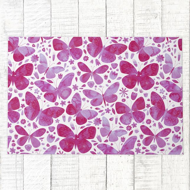 Butterfly Watercolor Pattern Pink Doormat (Magenta hot pink watercolor butterfly pattern doormat)