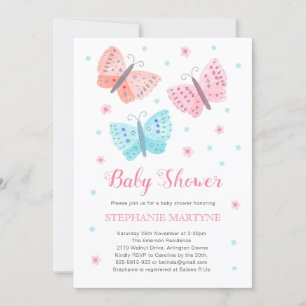 Butterfly Watercolor Pink Aqua Baby Shower Invitation