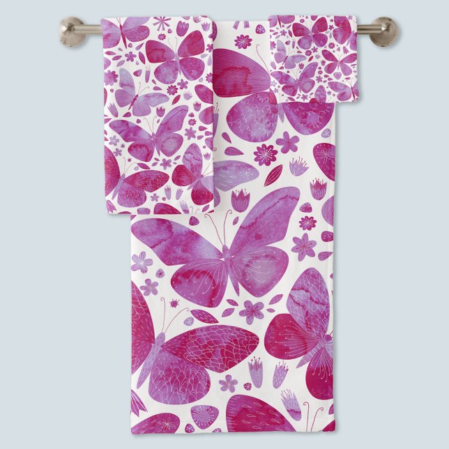 Butterfly Watercolor Pink Bath Towel Set (Magenta pink watercolor butterfly pattern bath and hand towel set)