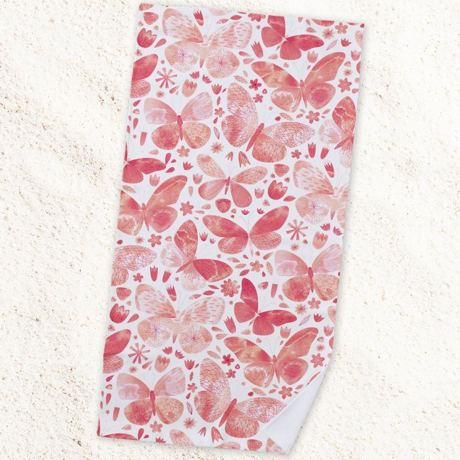 Butterfly Watercolor Pink Beach Towel (Coral blush pink watercolor butterfly pattern art beach towel)