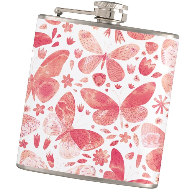 Butterfly Watercolor Pink Hip Flask (Peach coral pink and white watercolor butterfly pattern hip flask)