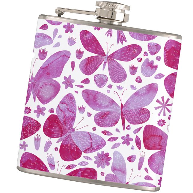 Butterfly Watercolor Pink Hip Flask (Magenta hot pink and white watercolor butterfly art hip flask)