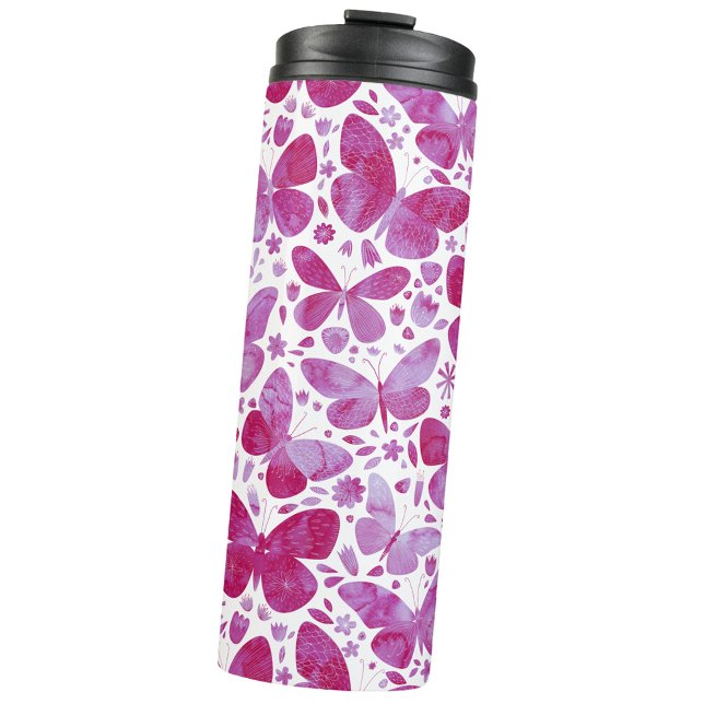 Butterfly Watercolor Pink Thermal Tumbler (Magenta pink and white watercolor butterfly pattern thermal tumbler)