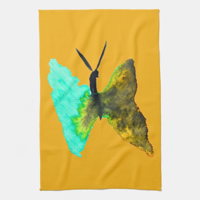 Butterfly watercolour aqua pretty tea towel (Vertical)