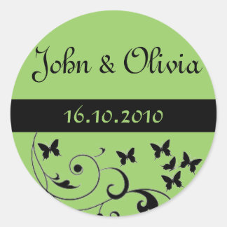 butterfly wedding green classic round sticker