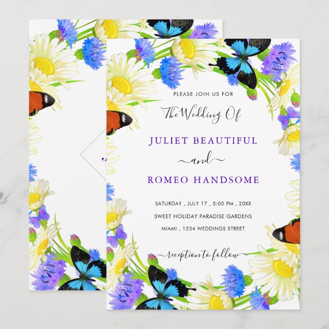 Butterfly Wedding Invitation Card with Flowers (Front/Back)