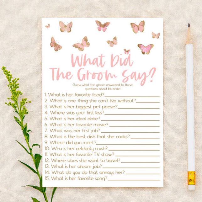 Butterfly What The Groom Say Bridal Shower Game Stationery (Creator Uploaded)