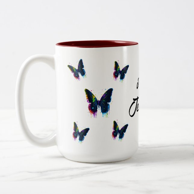 Butterfly White Personalised Name Tea Lover's Two-Tone Coffee Mug (Left)