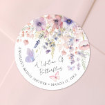 Butterfly Wildflower Bridal Shower Classic Round Sticker<br><div class="desc">A Lifetime Of Butterflies Bridal Shower Round Sticker. Add a sweet and whimsical touch to your bridal shower favours, packaging, or decorations with this round sticker design, perfect for a butterfly-themed celebration. The layout features delicate watercolor wildflowers and greenery with multiple pink and purple butterflies fluttering across the background. The...</div>