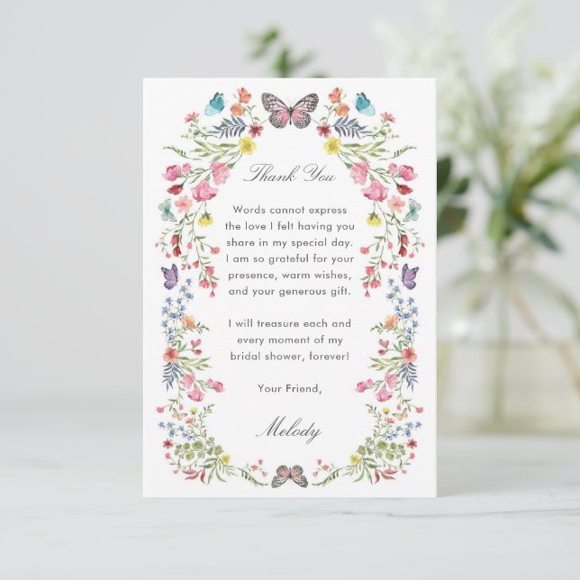 Butterfly Wildflower Bridal Shower Thank You Card (Standing Front)