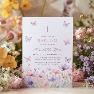 Butterfly Wildflower Floral Baptism Christening Invitation