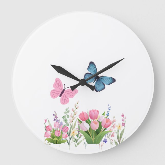 Butterfly & Wildflower Garden Wall Clock – Soft Pi (Front)
