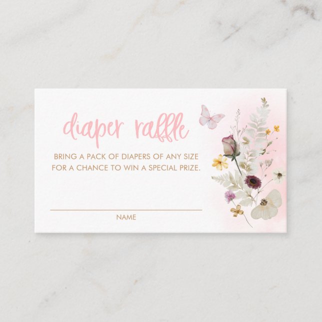 Butterfly & Wildflower Pink Diaper Raffle Ticket Enclosure Card (Front)