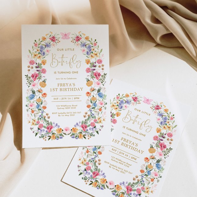 Butterfly Wildflower Wreath First 1st Birthday Invitation (Creator Uploaded)