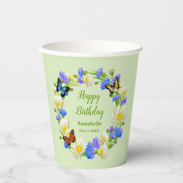Butterfly Wildflowers Birthday Party Paper Cups (Front)