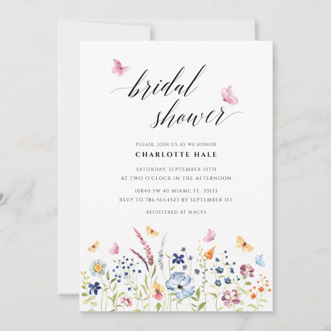 Butterfly Wildflowers Blush Pink Bridal Shower Invitation (Front)