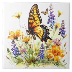 Butterfly & Wildflowers Ceramic Tile