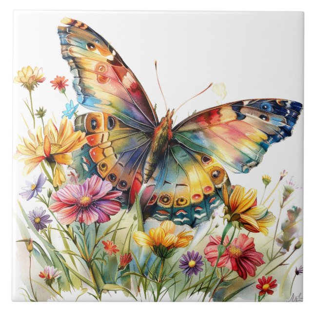 Butterfly & Wildflowers Ceramic Tile (Front)