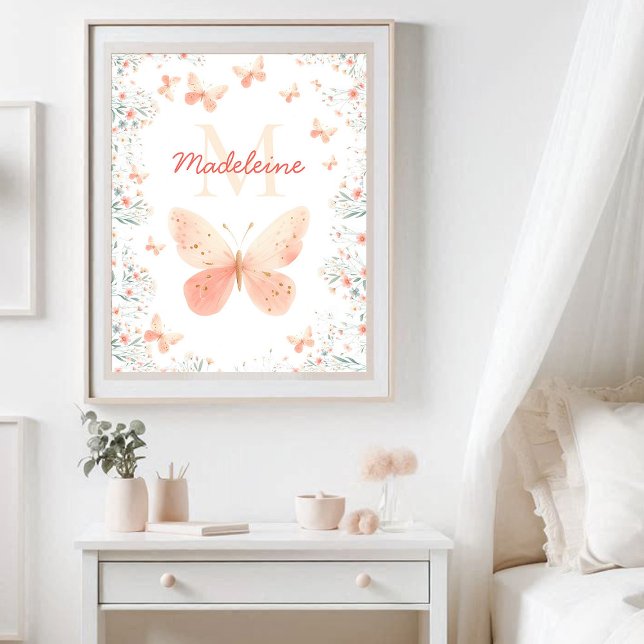 Butterfly Wildflowers Coral Teal Monogram Cute Poster (butterfly wildflowers monogram name personalized nursery decor poster pink coral teal cute)