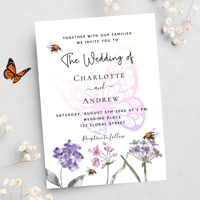 Butterfly wildflowers violet pink wedding invitation postcard (Creator Uploaded)