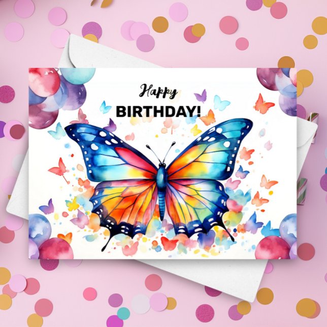 Butterfly with Brightly Coloured Balloons Birthday Card (Creator Uploaded)