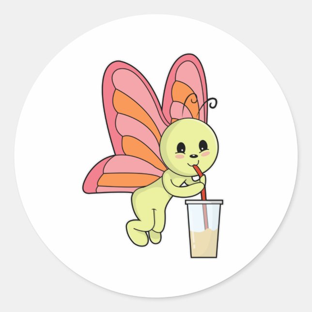 Butterfly with Drink & Drinking straw Classic Round Sticker (Front)