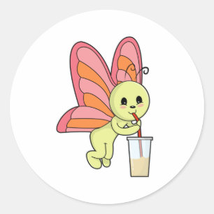 Butterfly with Drink & Drinking straw Classic Round Sticker