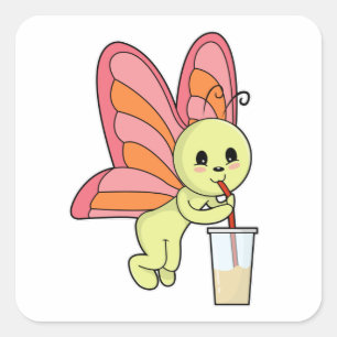 Butterfly with Drink & Drinking straw Square Sticker