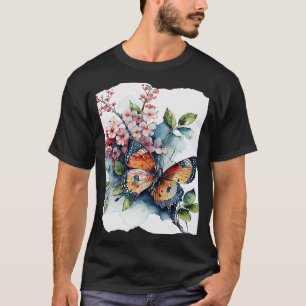 Butterfly With Flowers Watercolor Illustration T-Shirt