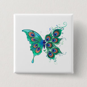 Butterfly with Green Peacock Feathers 15 Cm Square Badge