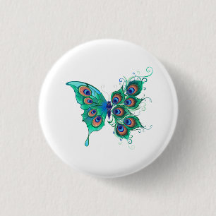 Butterfly with Green Peacock Feathers 3 Cm Round Badge