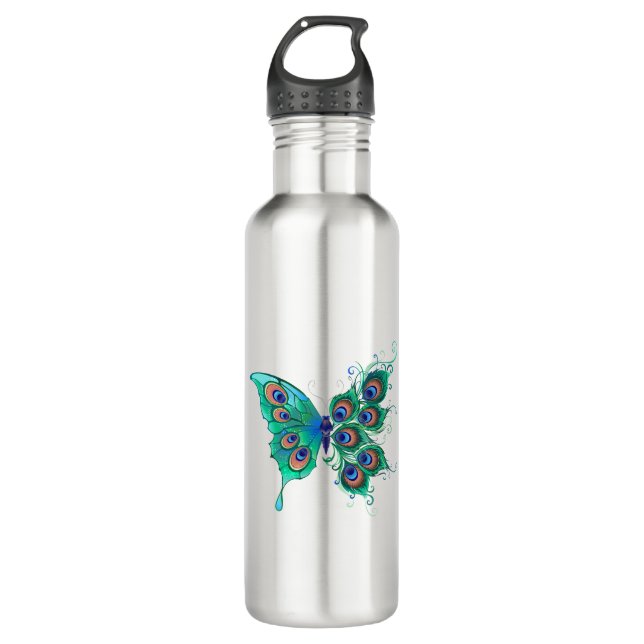 Butterfly with Green Peacock Feathers 710 Ml Water Bottle (Front)