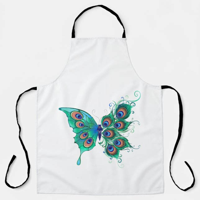 Butterfly with Green Peacock Feathers Apron (Front)