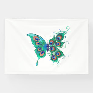 Butterfly with Green Peacock Feathers Banner