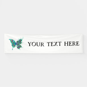 Butterfly with Green Peacock Feathers Banner