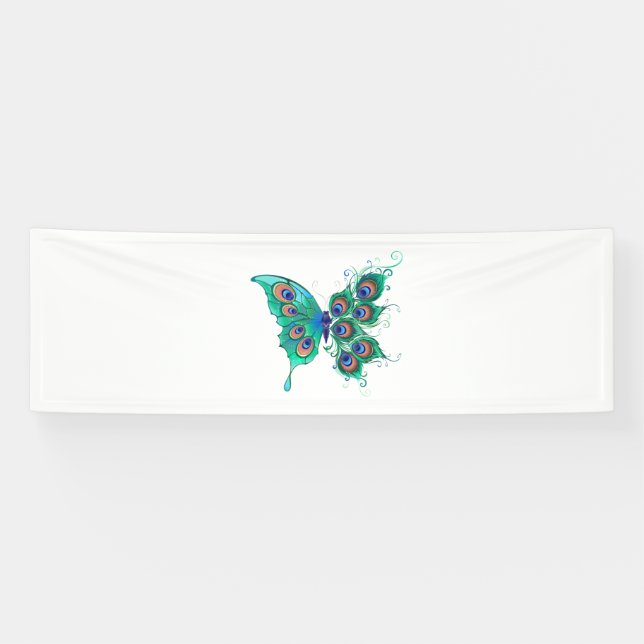 Butterfly with Green Peacock Feathers Banner (Horizontal)