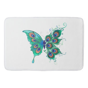 Butterfly with Green Peacock Feathers Bath Mat