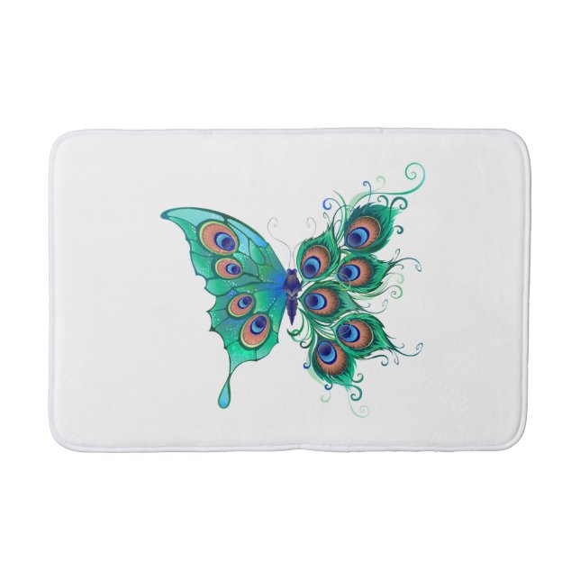 Butterfly with Green Peacock Feathers Bath Mat (Front)