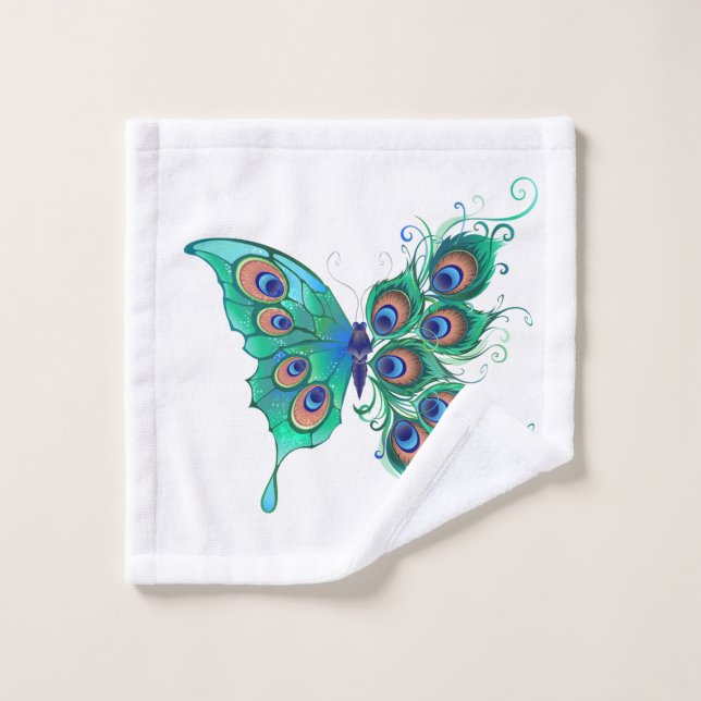 Butterfly with Green Peacock Feathers Bath Towel Set (Wash Cloth)