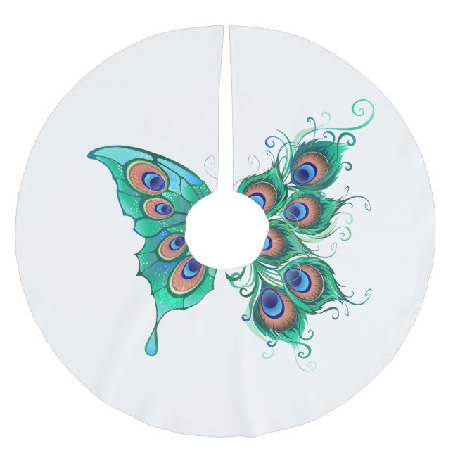 Butterfly with Green Peacock Feathers Brushed Polyester Tree Skirt (Front)