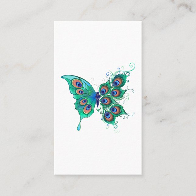 Butterfly with Green Peacock Feathers Business Card (Front)