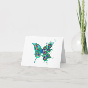 Butterfly with Green Peacock Feathers Card