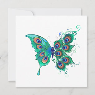 Butterfly with Green Peacock Feathers Card