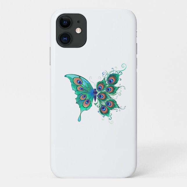 Butterfly with Green Peacock Feathers Case-Mate iPhone Case (Back)