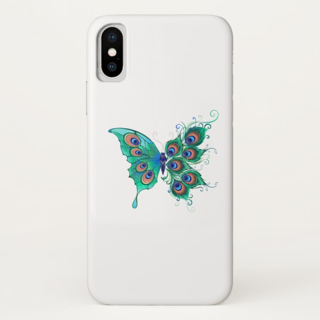 Butterfly with Green Peacock Feathers Case-Mate iPhone Case (Back)