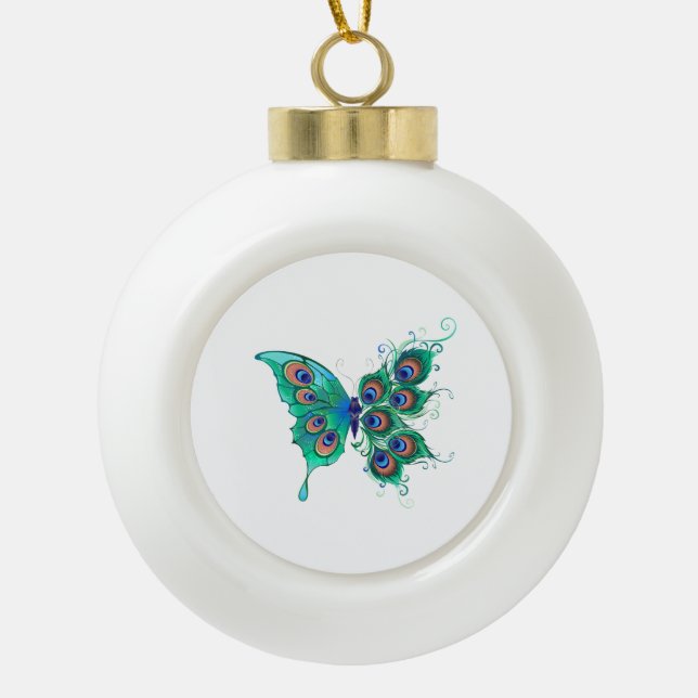 Butterfly with Green Peacock Feathers Ceramic Ball Christmas Ornament (Front)