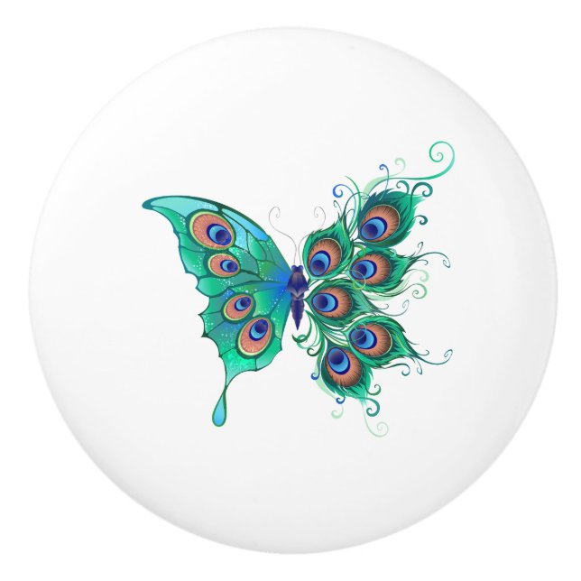 Butterfly with Green Peacock Feathers Ceramic Knob (Front)